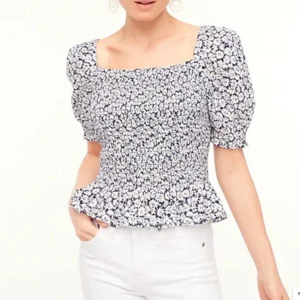 JCrew Puff-sleeve smocked peplum top